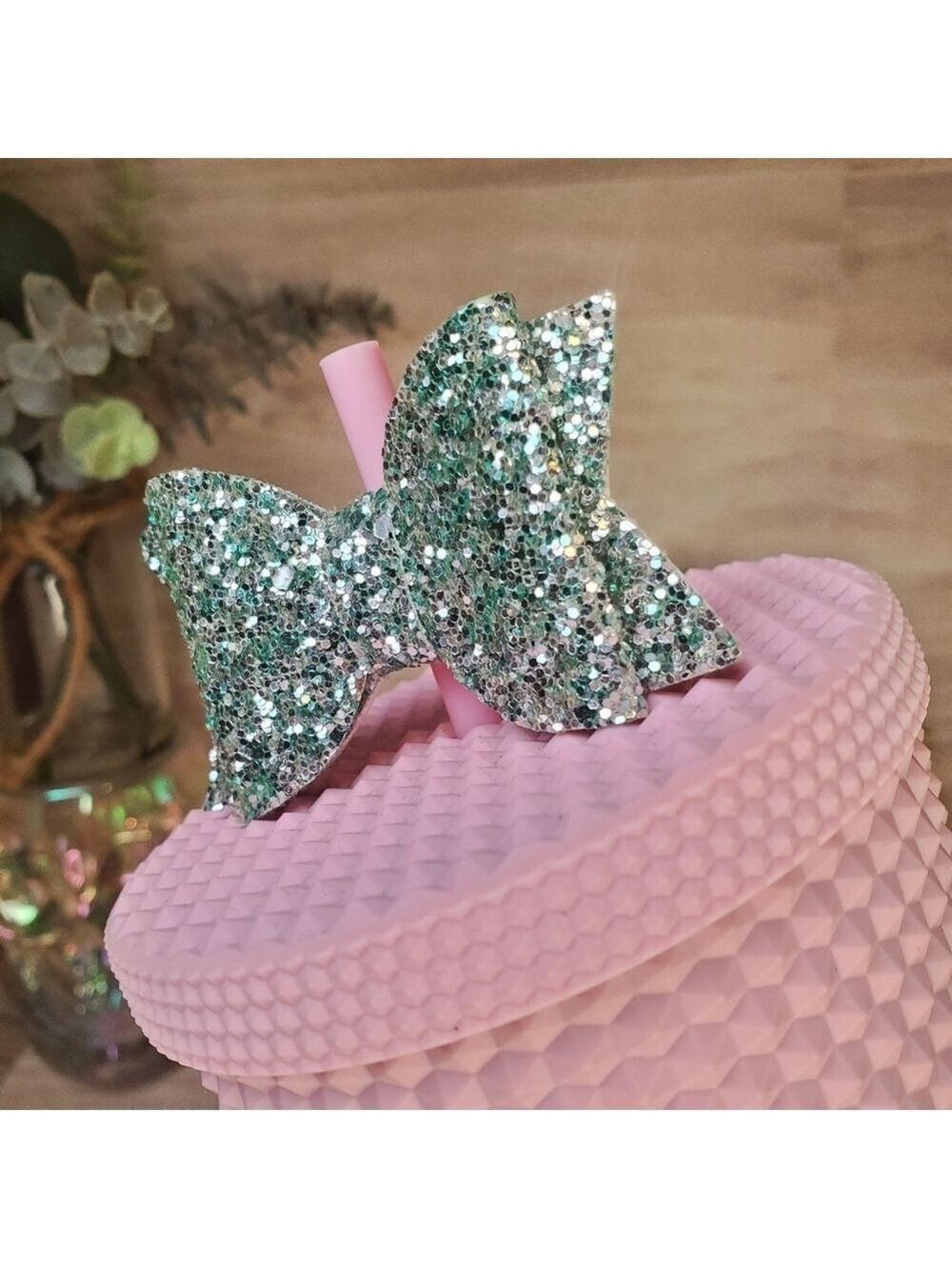 Small Teal Green Blue Glitter Sequin Bow Straw Topper Tumbler Accessory - Picture 3 of 7